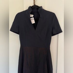 NWT Akris Punto Laser Cut Polka Dot Short Sleeve Collar Dress Navy Blue Orange